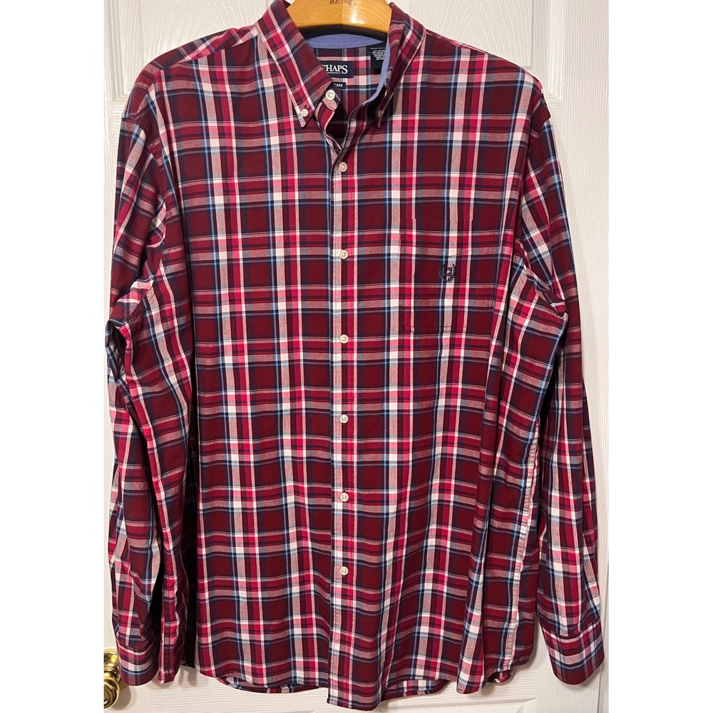 Chaps Mens 3XLT Red Plaid Button Down Shirt‎ Easy Care Long Sleeve Big & Tall